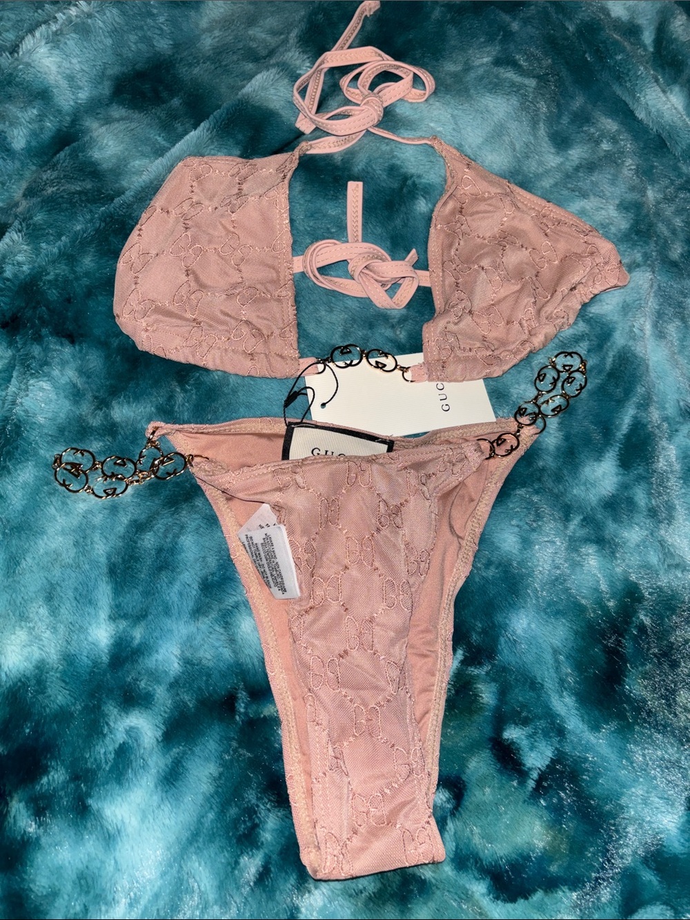 Gucci Pink Lace Triangle Bikini with Chain Accent